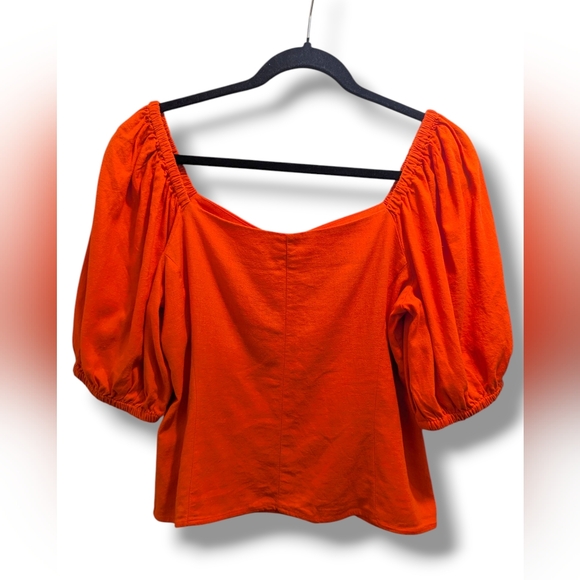 H&M Vibrant Orange Linen Blend Puff Short Sleeve Top Blouse- S - Picture 2 of 12